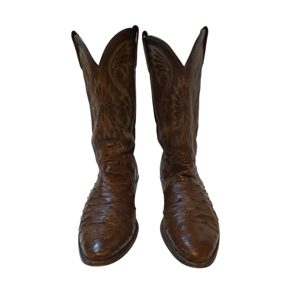 Vtg Dan Post Mens 9.5 Ew Brown Ostrich Leather Cowboy Boots